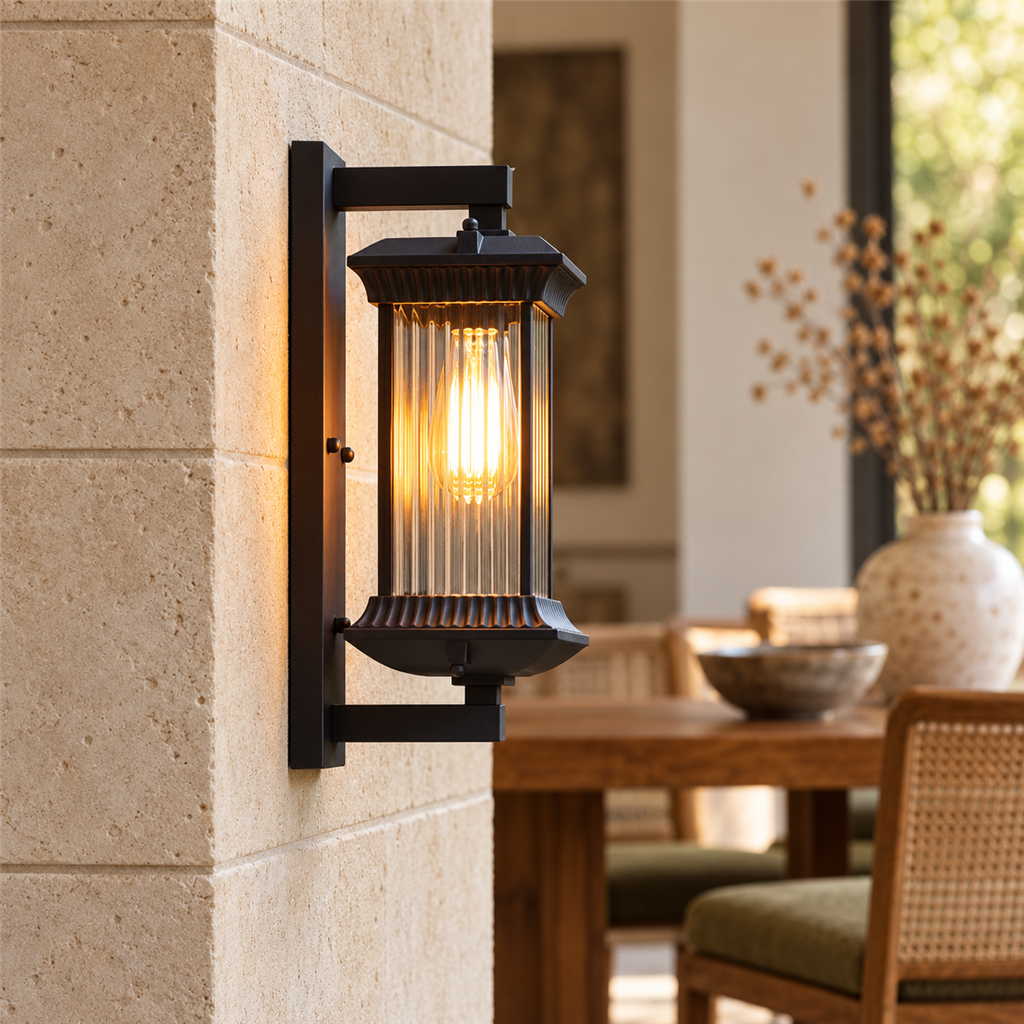 Outdoor Wall Lantern | Ribbed Glass IP54, Brown, Porch & Front Door