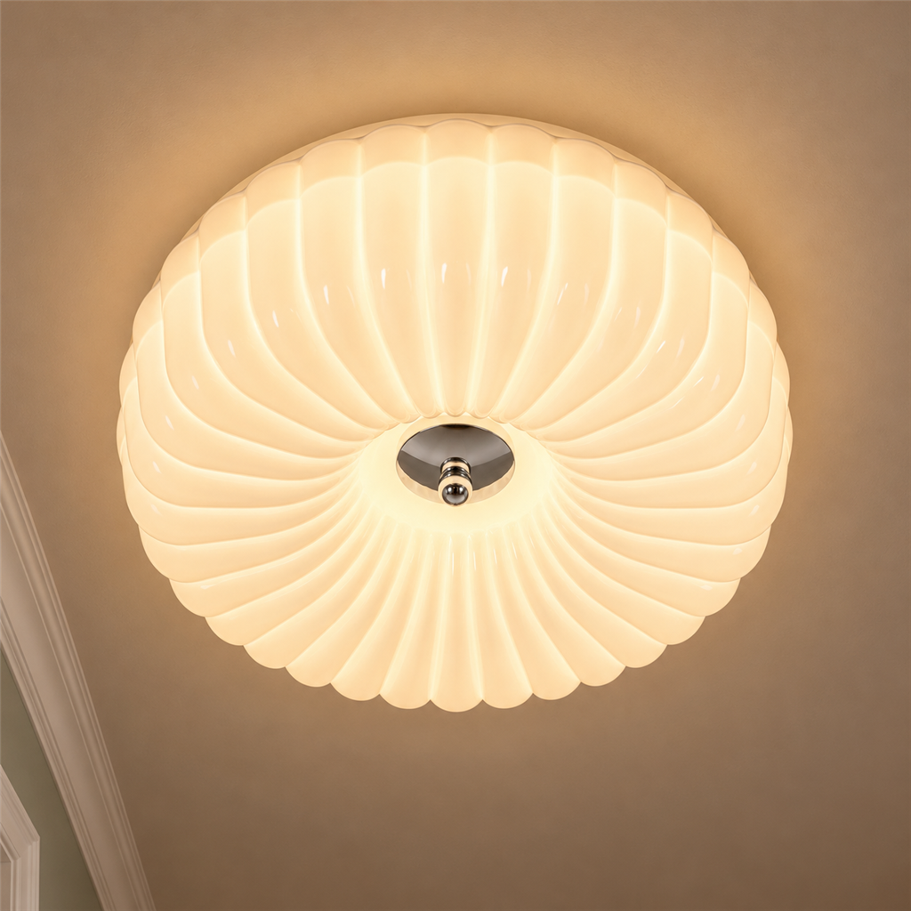 Ribbed Glass Ceiling Light | White or Cream Flush Mount, 30/40 cm, Hallway