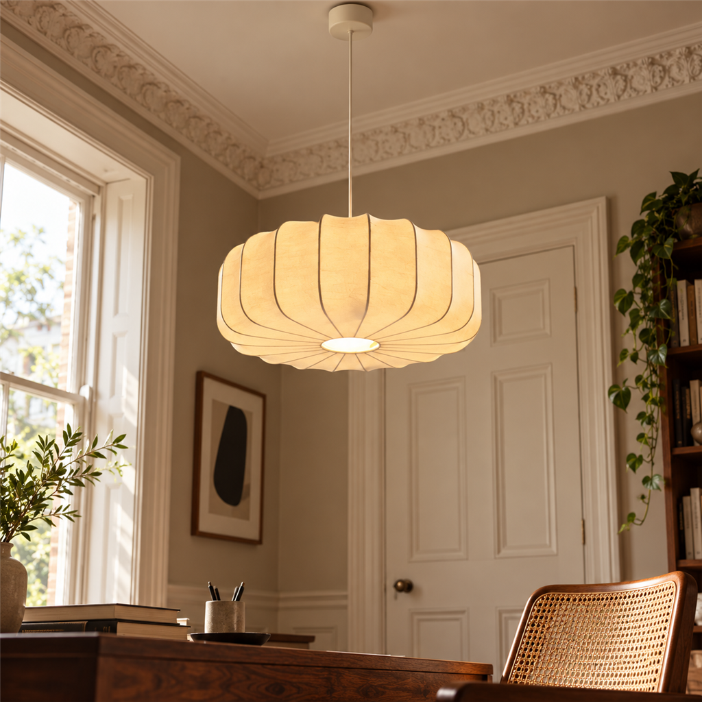 Fluted Silk Pendant Light | Scalloped Hem & Oak Canopy, 40 cm, Bedroom Ceiling Lamp