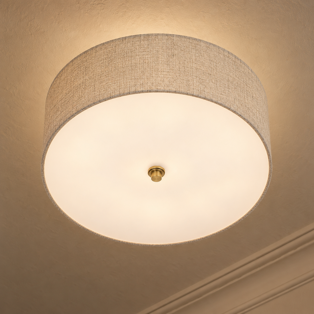 Fabric Drum Ceiling Light 40cm - Beige Semi-Flush Dining Room Light