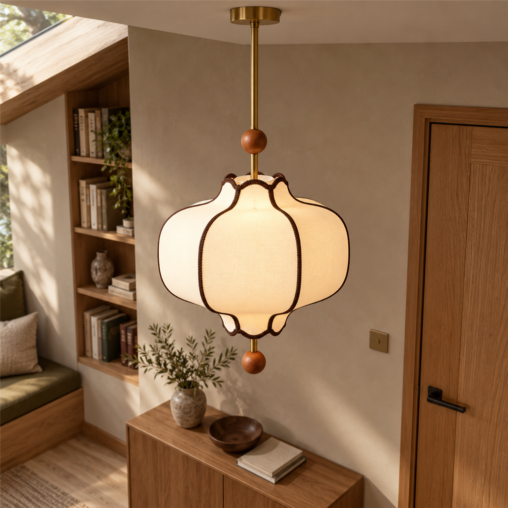 Lantern Fabric Pendant Light | Vintage Wood Frame & Beads, 40/50 cm, Dining Room