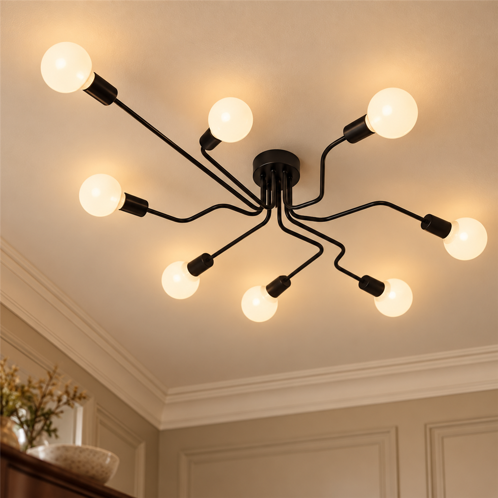 Sputnik Semi-Flush Chandelier | Black & Copper, 6 or 8 Light, Mid-Century E27