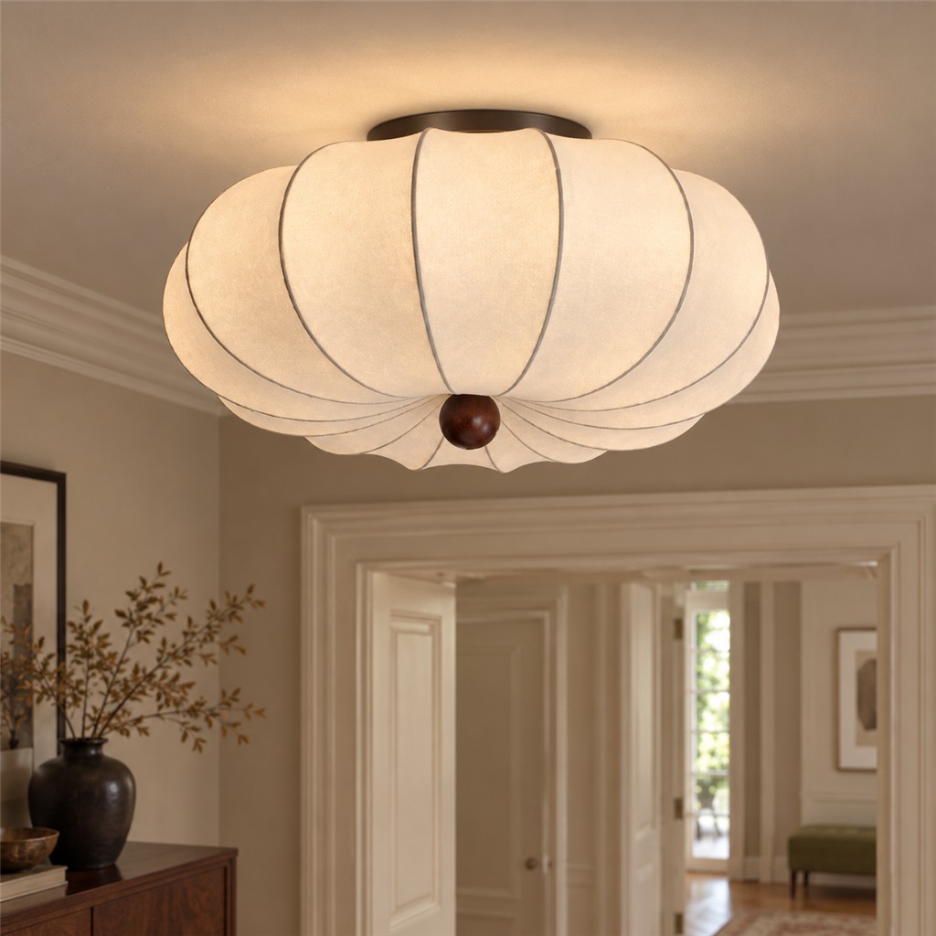 Ribbed Silk Ceiling Light | Japandi Semi-Flush Shade, 40-60 cm, Bedroom Fixture