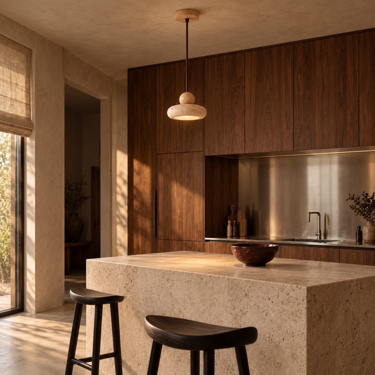 Travertine Donut Pendant Light | Natural Stone 15cm, Walnut or Light Wood, Wabi Sabi