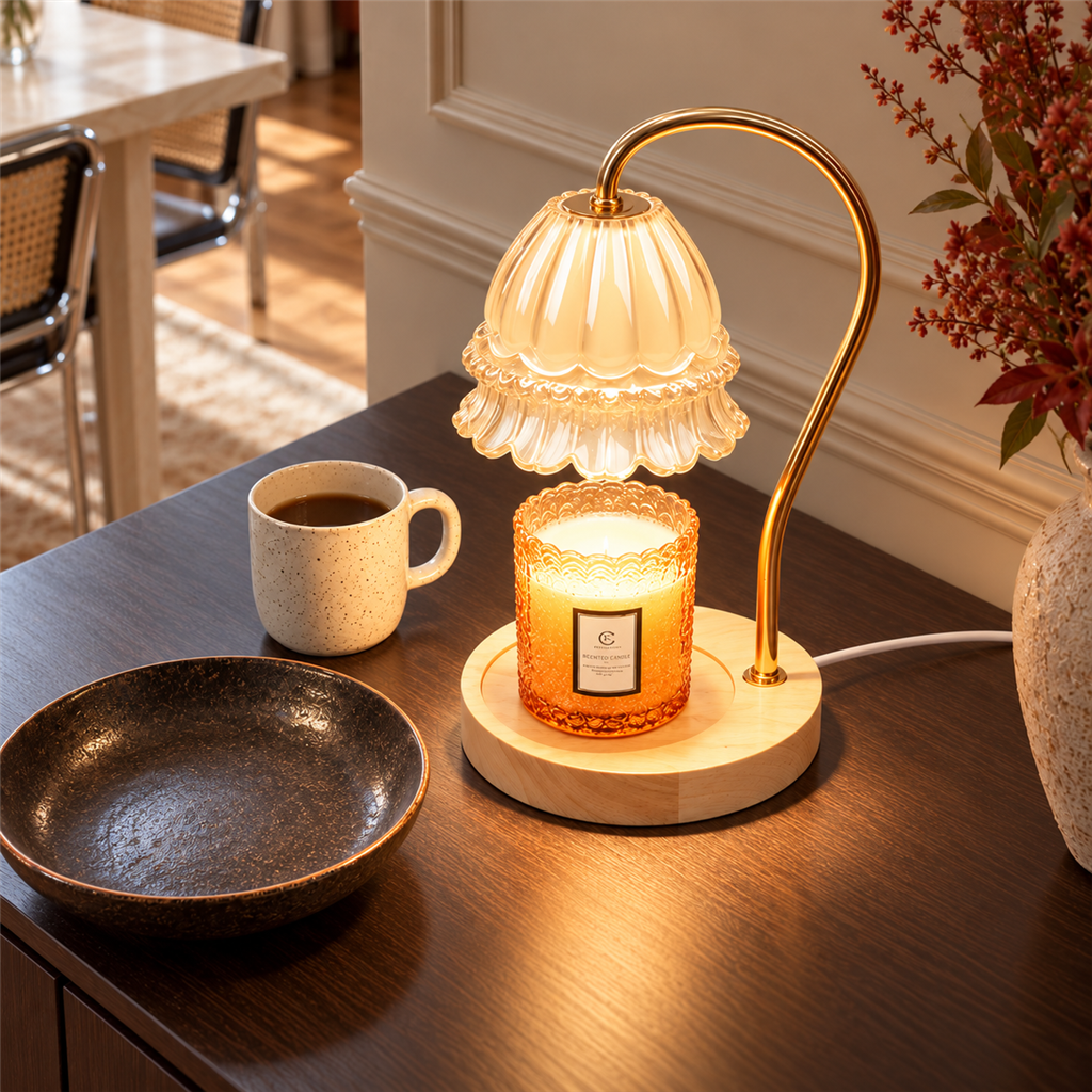 Flower Glass Candle Warmer Lamp | Brass Arm & Wood Base, 5 Shade Colours