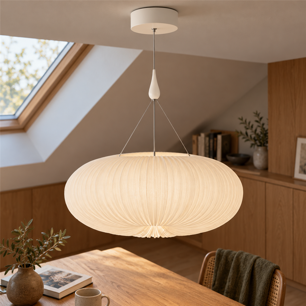 Pleated Acrylic Pendant Light | White Dome Shade, 45 cm, Corded Ceiling Fixture