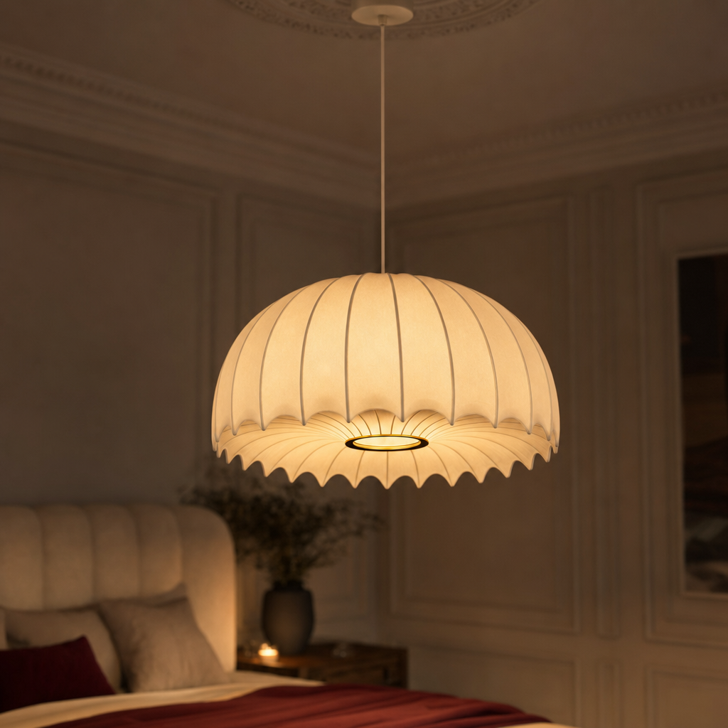 Scalloped Dome Silk Pendant Light | 40/50 cm, Long Drop for High Ceilings