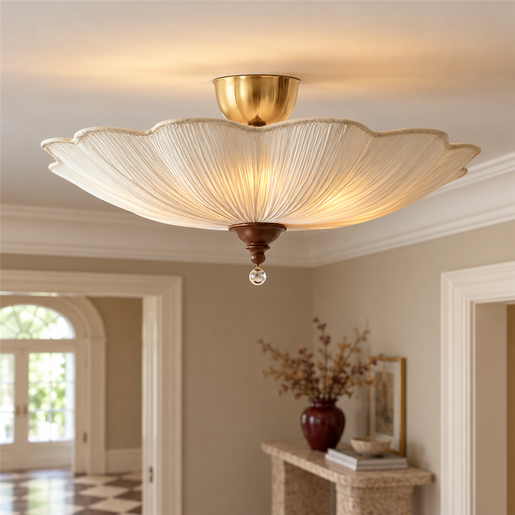 Pleated Scalloped Ceiling Light | Triple Semi-Flush Fabric Shade, 50/60 cm, Bedroom