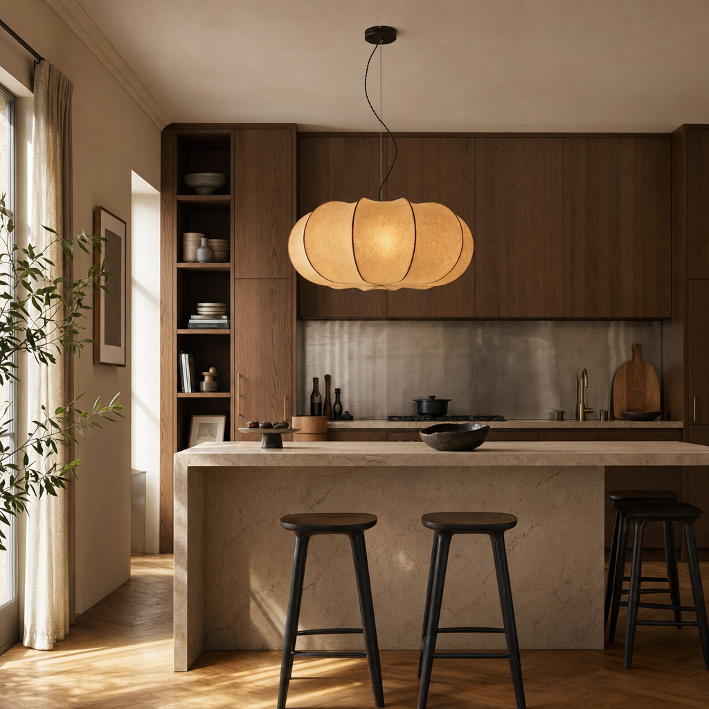 Pumpkin Silk Pendant Light | Handmade Gathered Shade, 50/60 cm, Living Room Ceiling