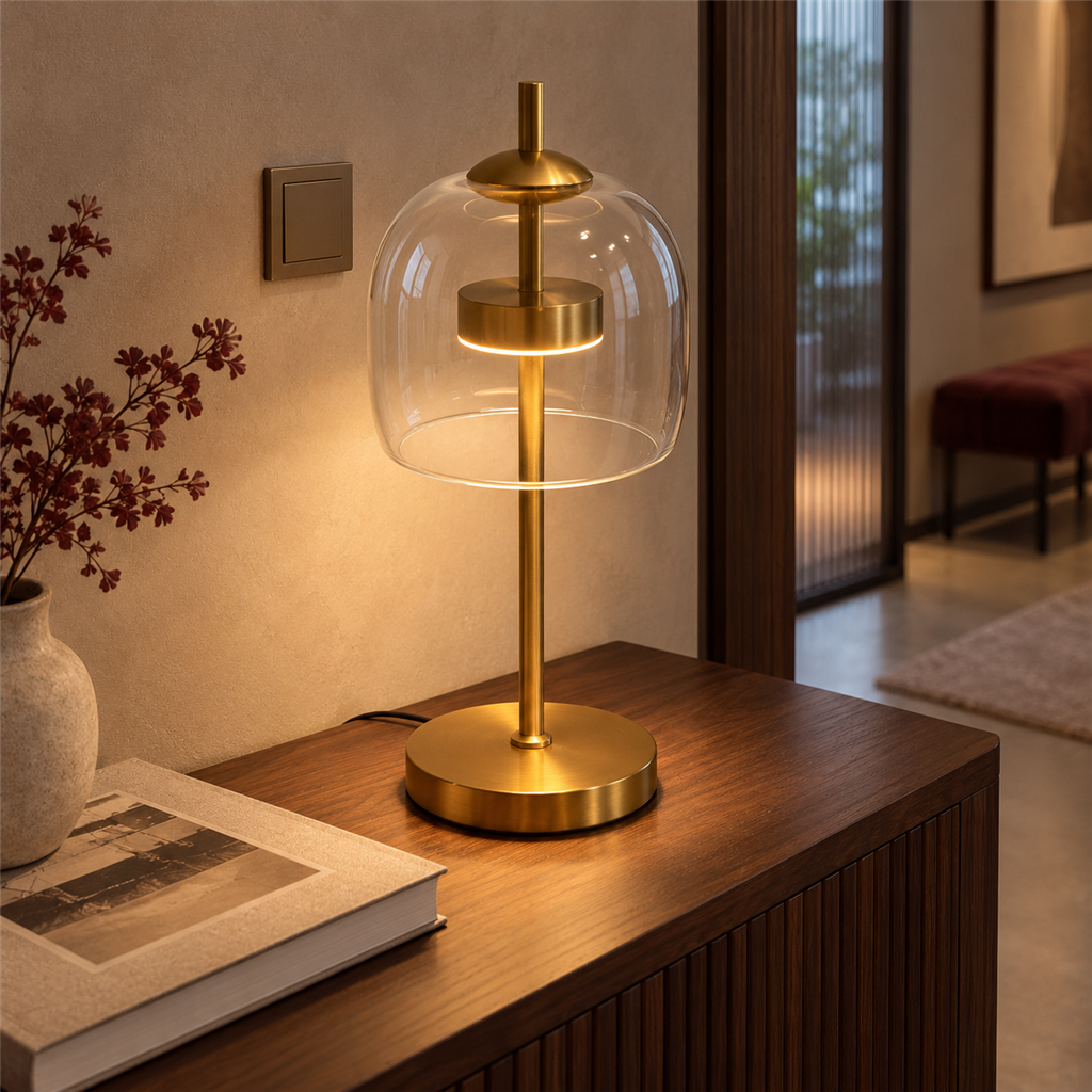 Smoked Glass Dome Table Lamp | Brass Stem, 18/24 cm, Amber Grey or Clear
