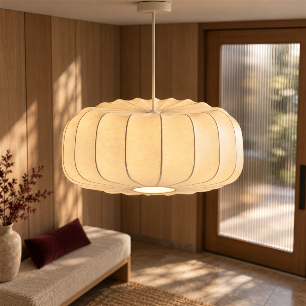 Fluted Silk Pendant Light | Scalloped Hem & Oak Canopy, 40 cm, Bedroom Ceiling Lamp