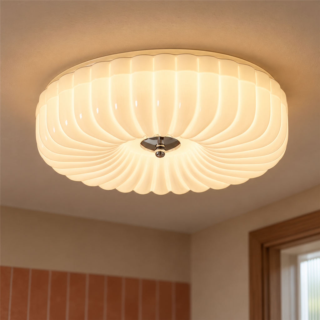Ribbed Glass Ceiling Light | White or Cream Flush Mount, 30/40 cm, Hallway