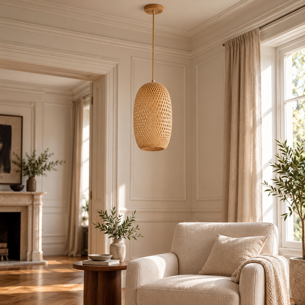 Tall Bamboo Lantern Pendant Light | Hand-Woven Rattan, 18 x 37 cm, Dining Table