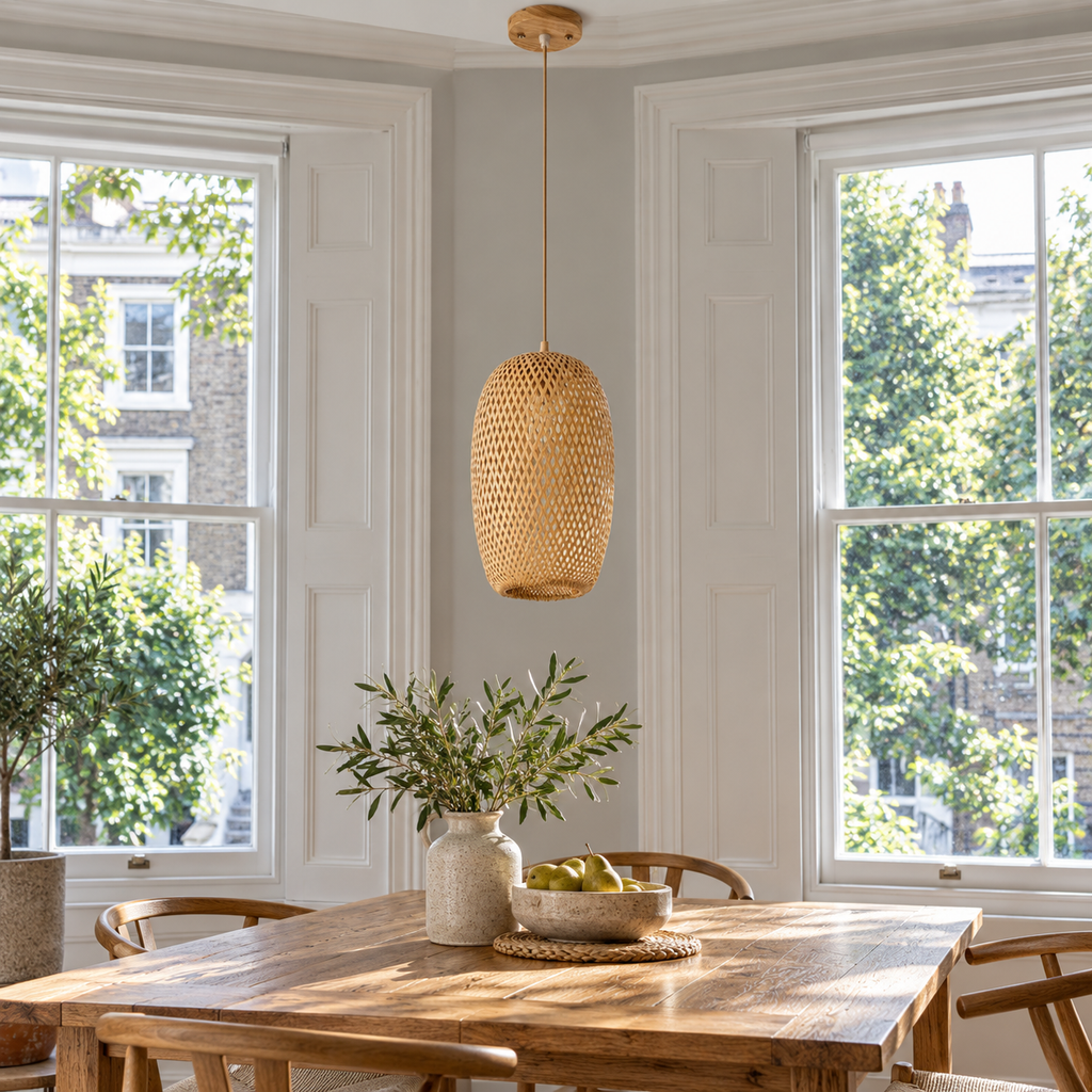 Tall Bamboo Lantern Pendant Light | Hand-Woven Rattan, 18 x 37 cm, Dining Table