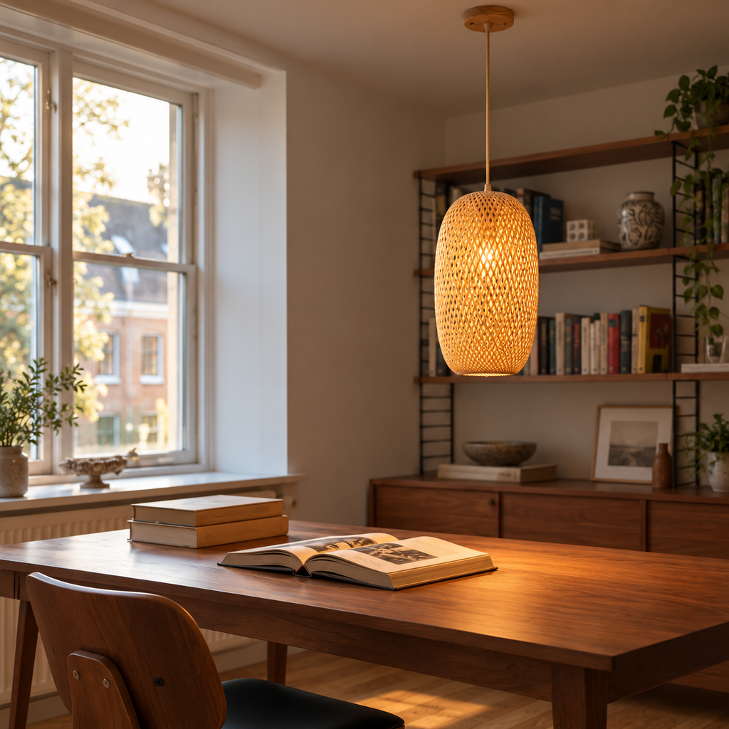 Tall Bamboo Lantern Pendant Light | Hand-Woven Rattan, 18 x 37 cm, Dining Table