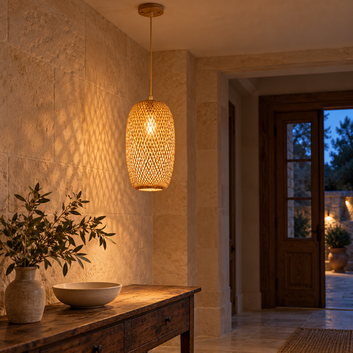 Tall Bamboo Lantern Pendant Light | Hand-Woven Rattan, 18 x 37 cm, Dining Table
