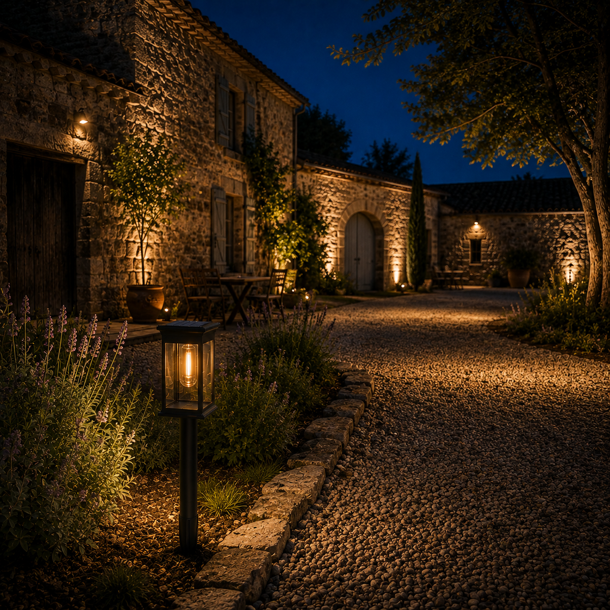 Solar pathway lights lining a garden path at dusk