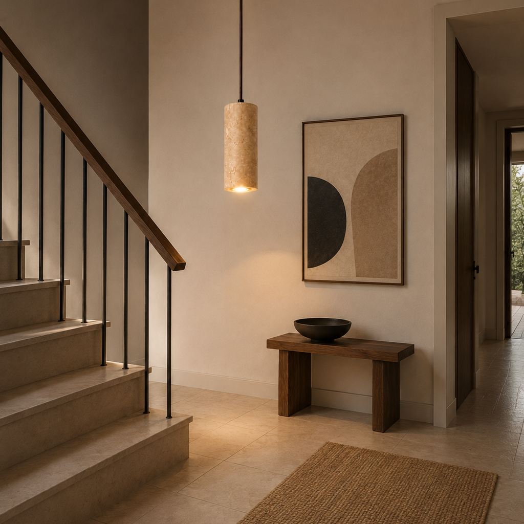 Travertine stone chandelier - hallway