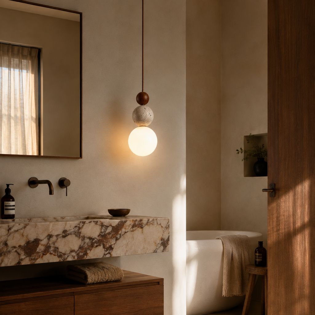 Travertine stone pendant light - bedroom 1