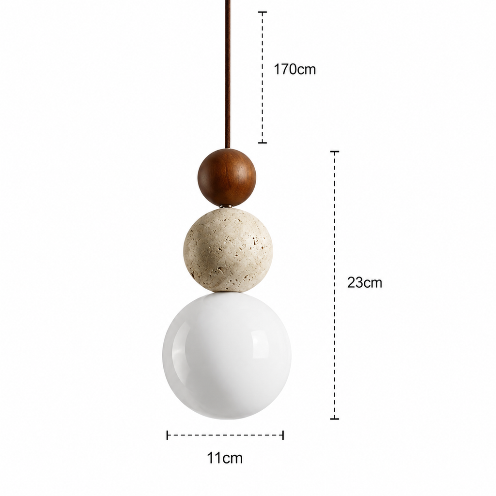Travertine stone pendant light - dimensions diagram, 170cm drop