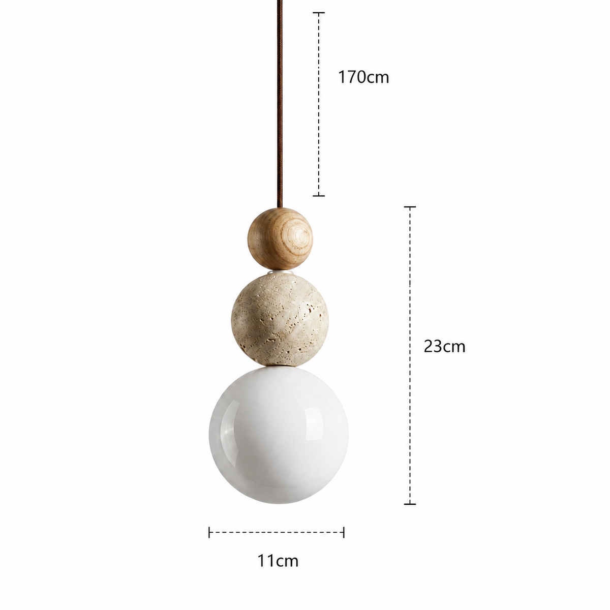 Travertine stone pendant light - dimensions diagram, alternate view