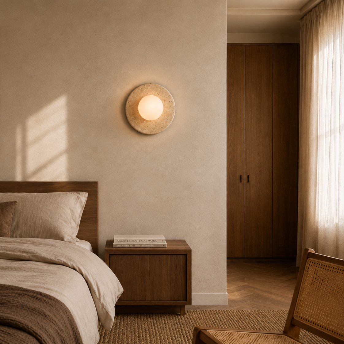 Travertine eclipse wall light - bedroom 2