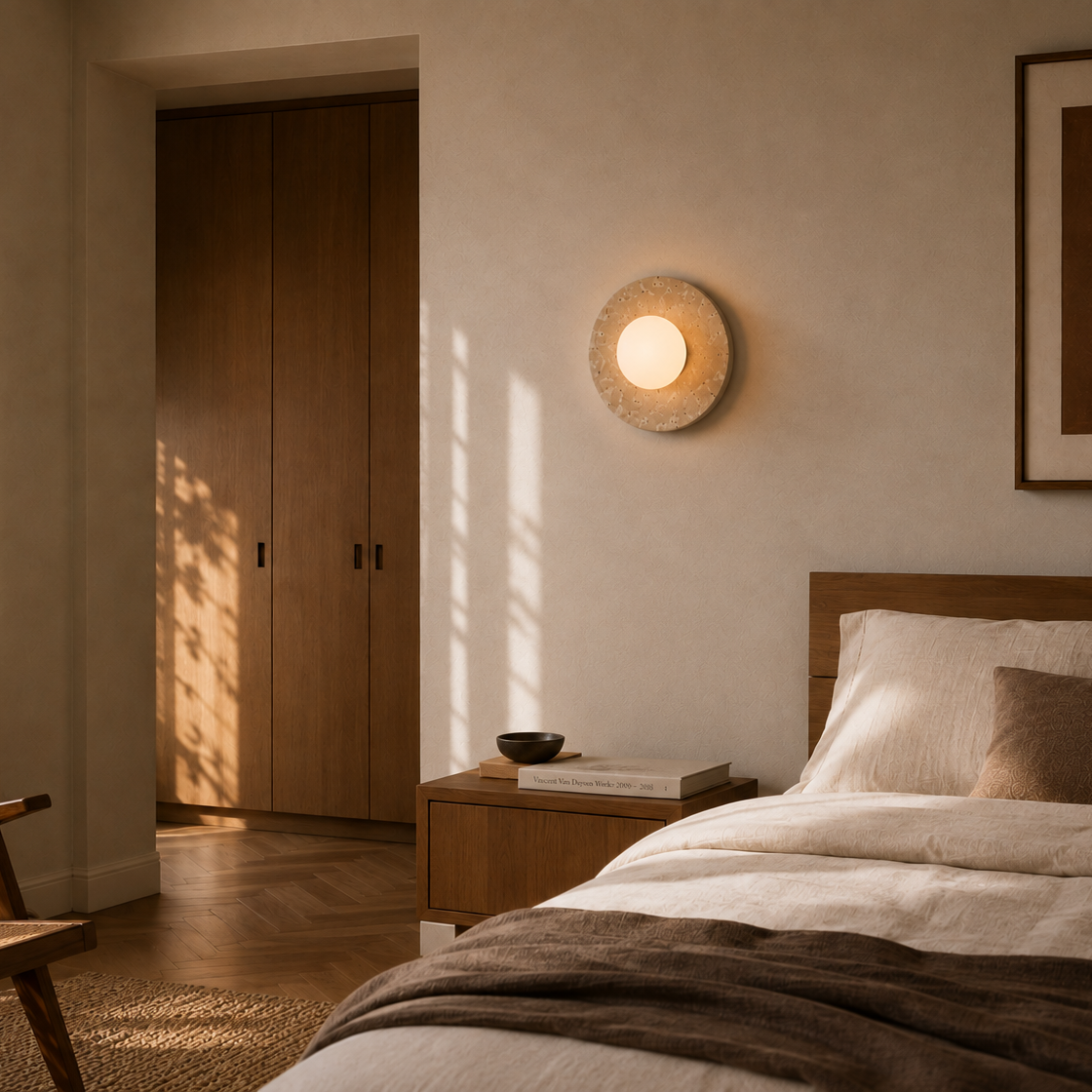 Travertine eclipse wall light - bedroom 3