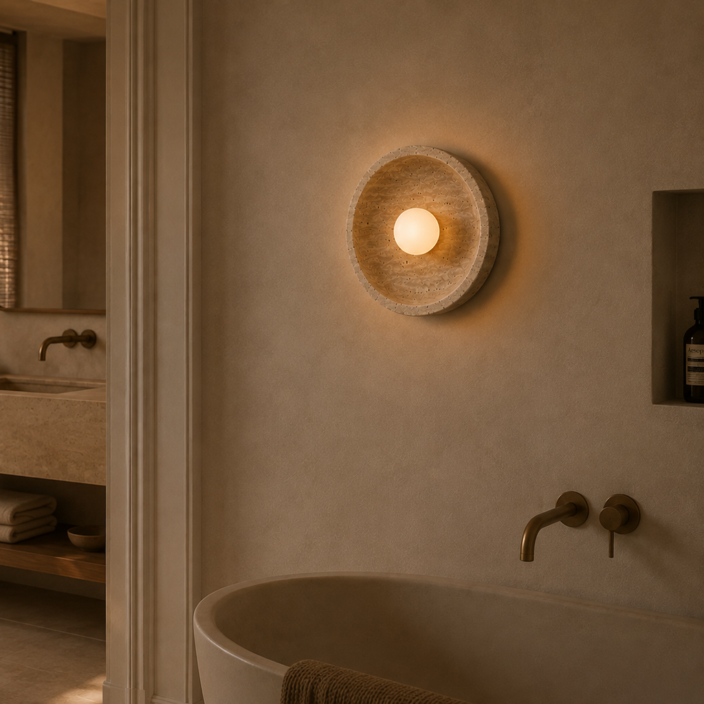 Travertine eclipse wall light - hallway 2