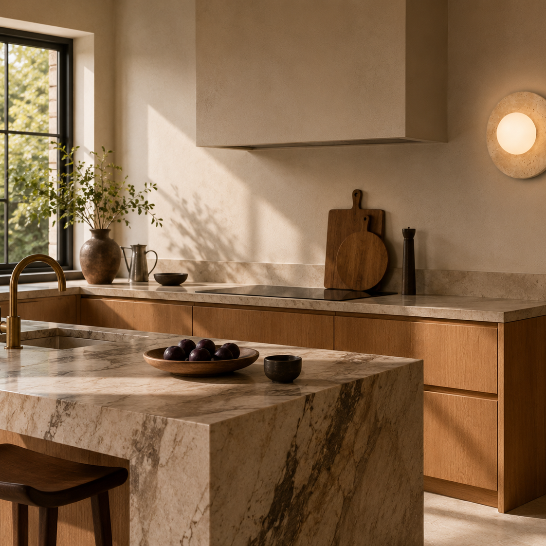 Travertine eclipse wall light - kitchen