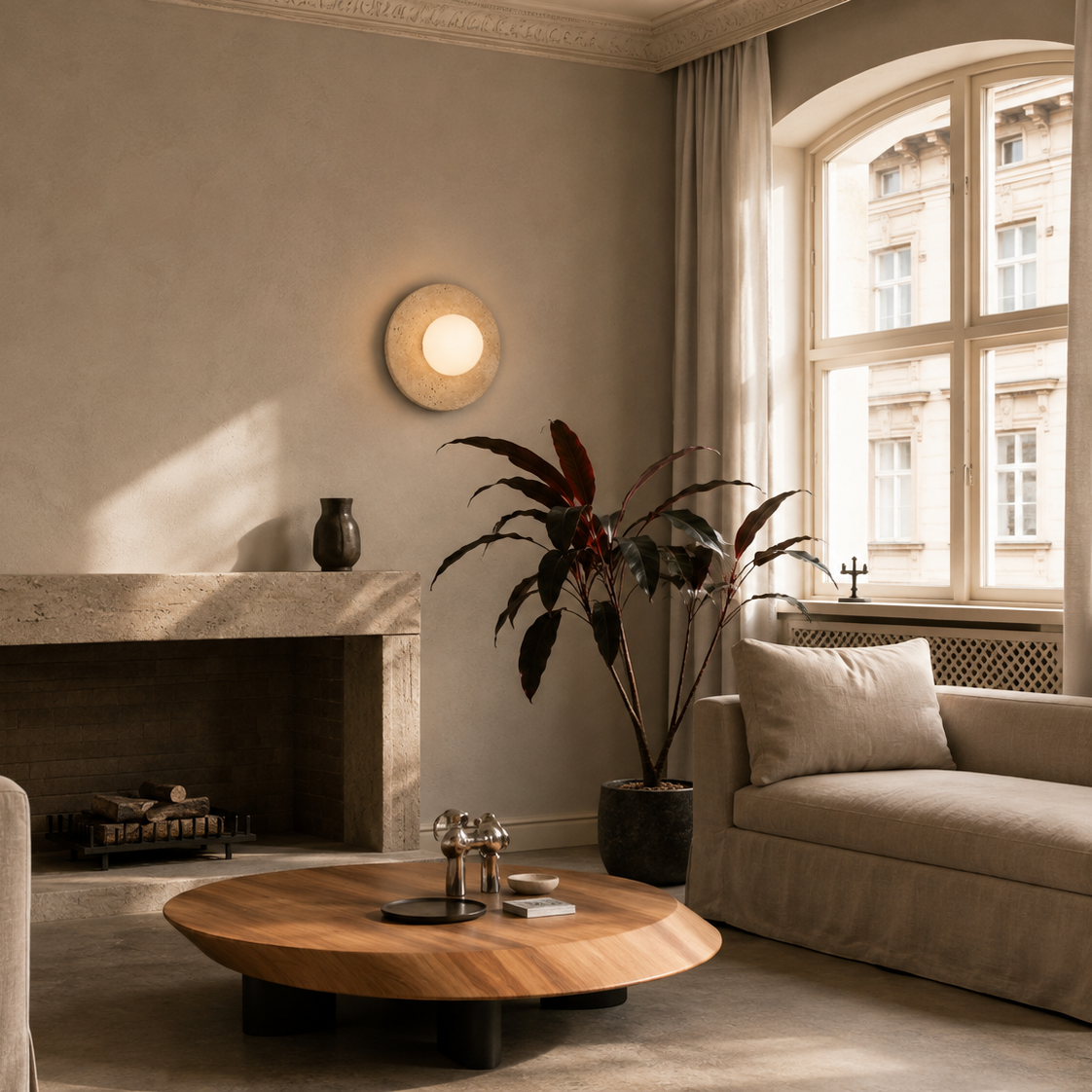Travertine eclipse wall light - living room 2