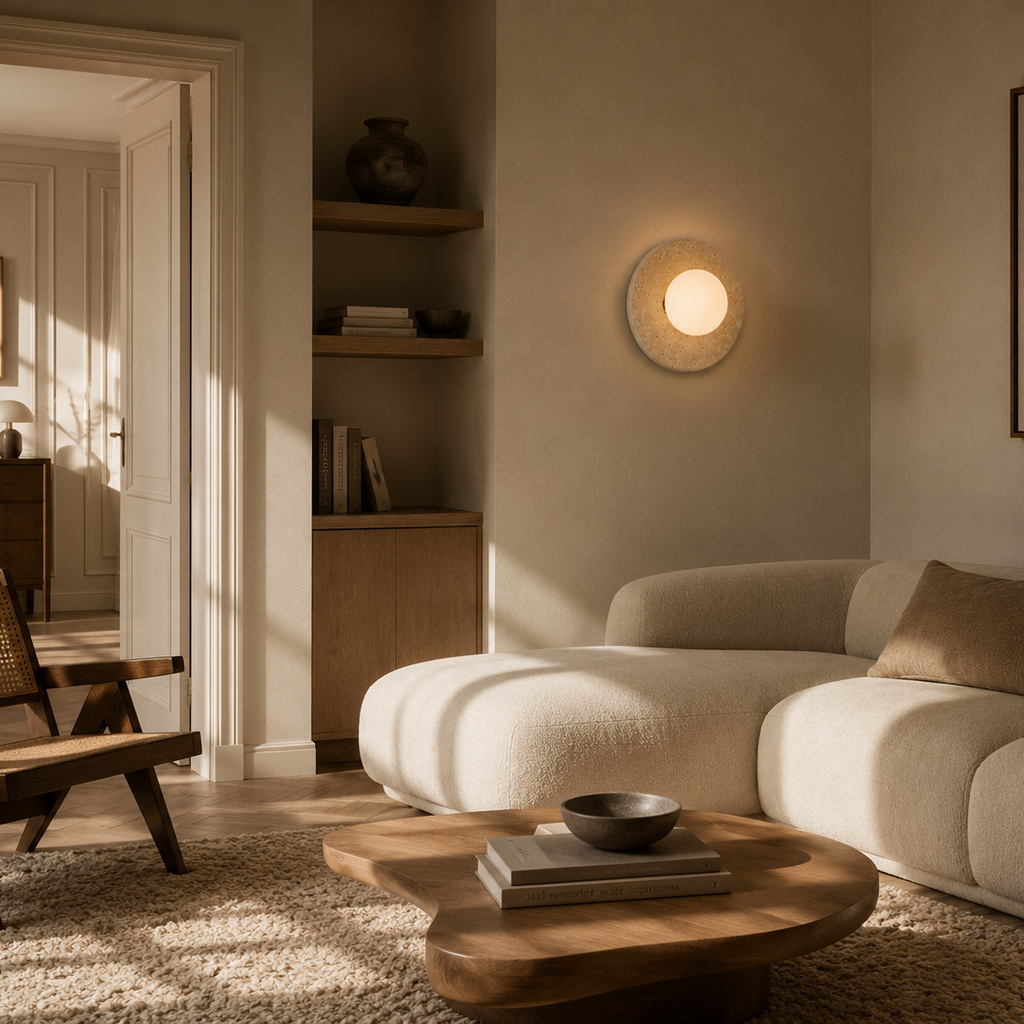 Travertine eclipse wall light - living room 3