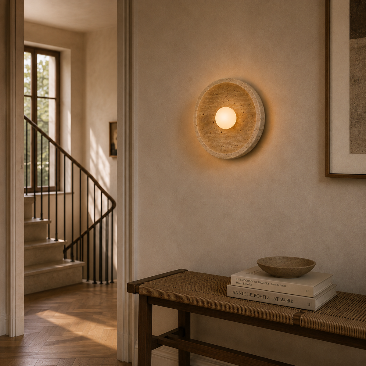 Travertine eclipse wall light - living room 5