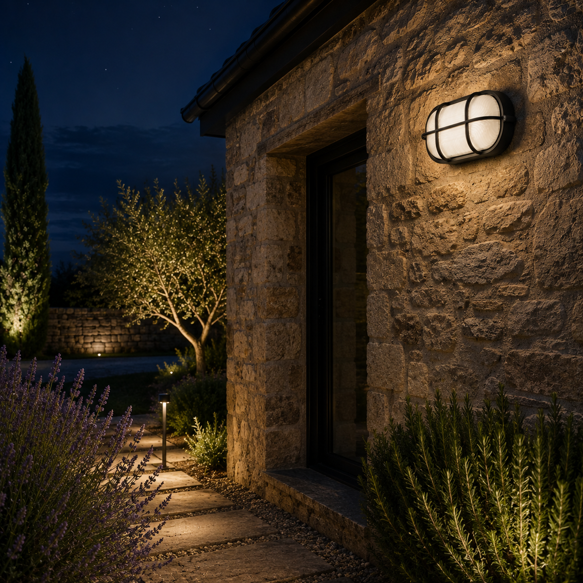 Vintage waterproof E27 porch lantern wall light installed outdoors - entrance door path stone