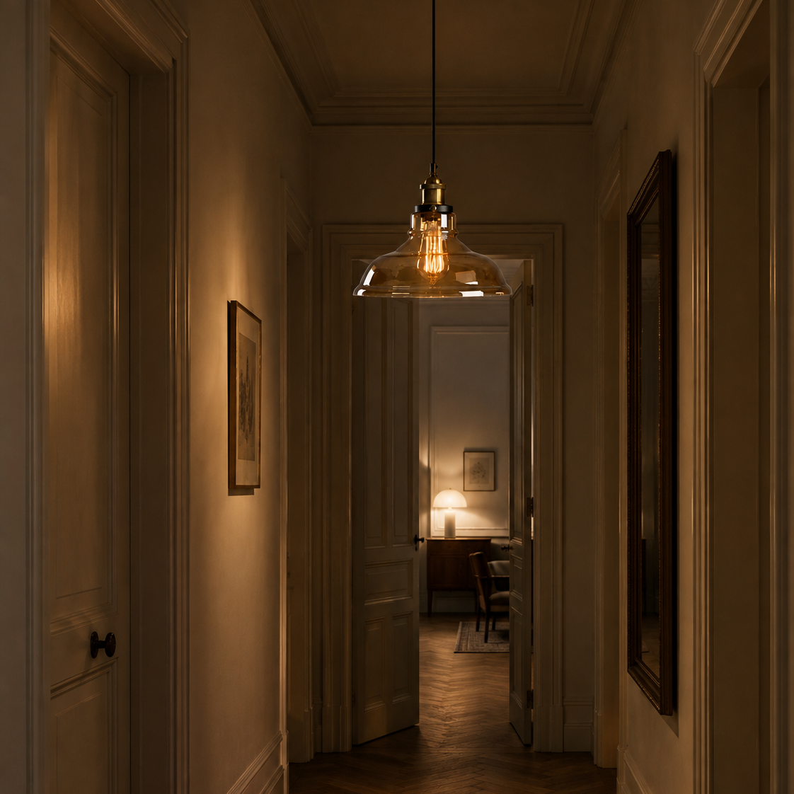 Vintage industrial glass chandelier - hallway 2