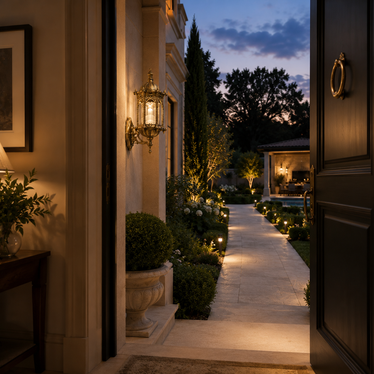 Retro E27 garden gateway lantern - entrance at dusk