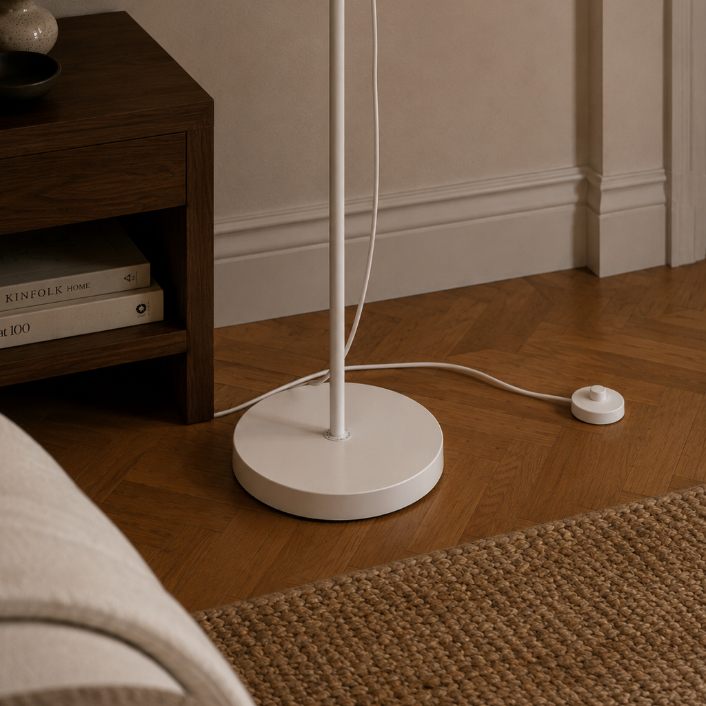 Close view of the white floor lamp's round base and cable