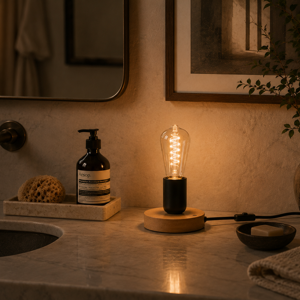 Wood-based E27 table lamp on a kitchen counter