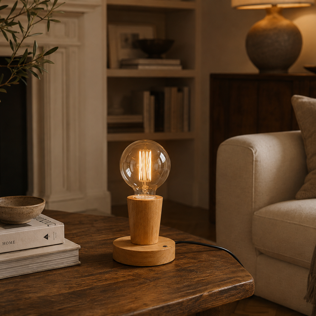 Wood-based E27 table lamp beside a sofa in a warm living room