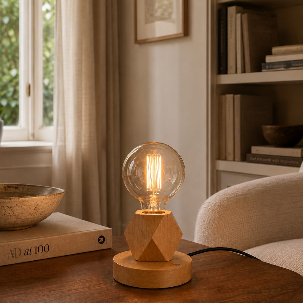 Wood-based table lamp with an exposed bulb in a warm living room