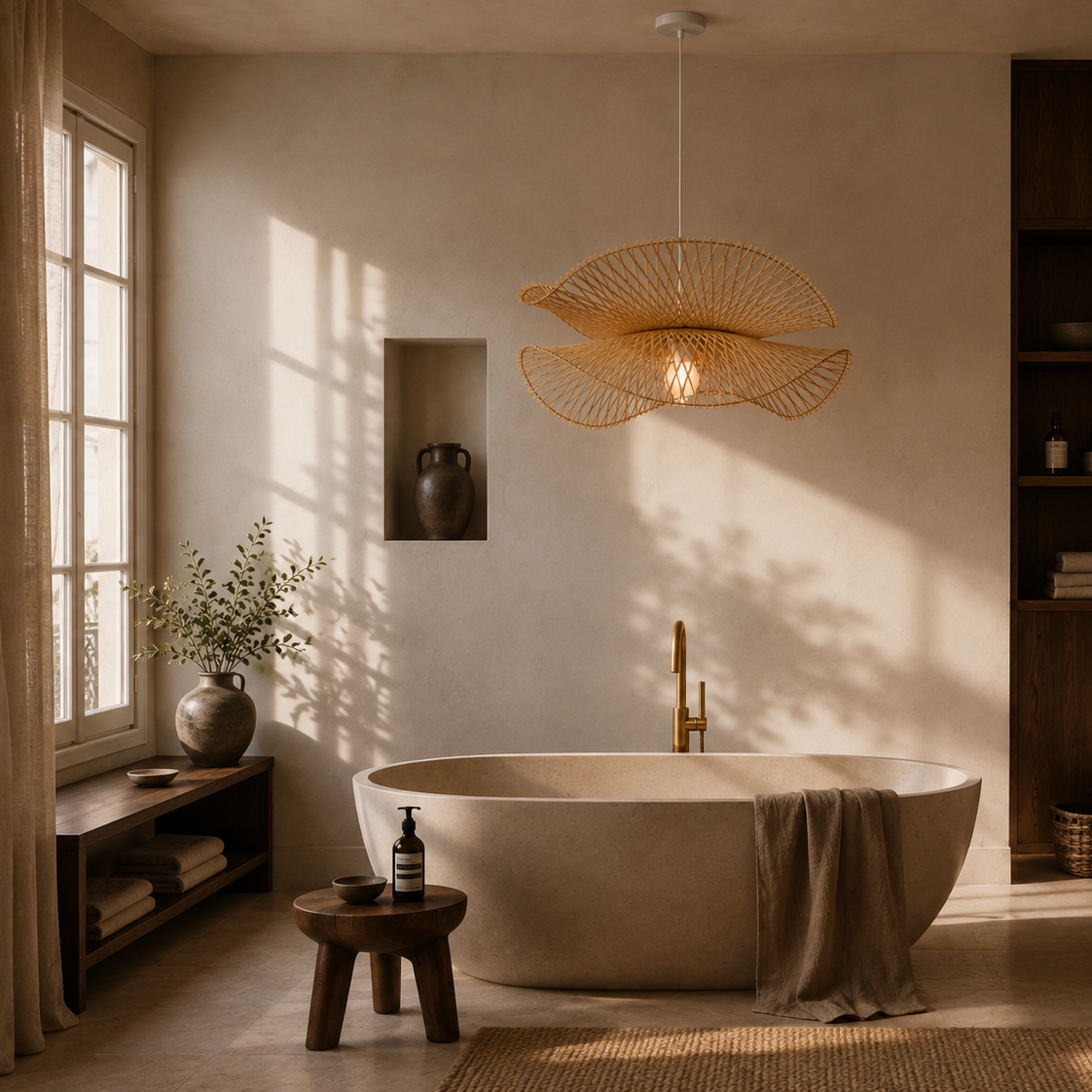 Woven bamboo and wood chandelier - bathroom