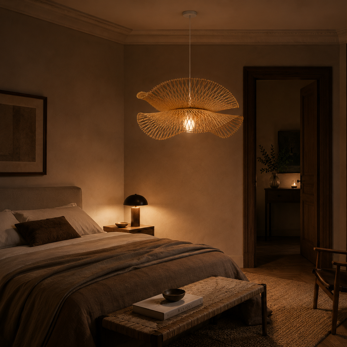 Woven bamboo and wood chandelier - bedroom 2