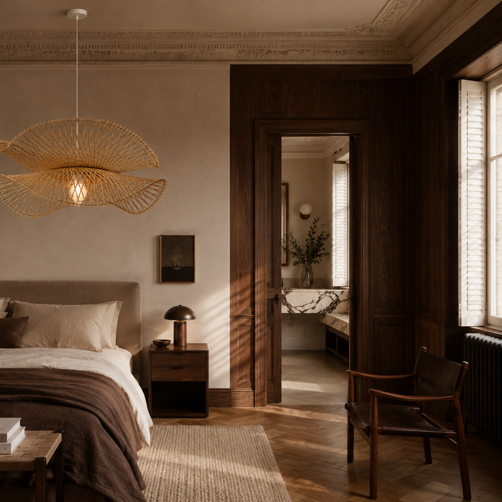 Woven bamboo and wood chandelier - bedroom
