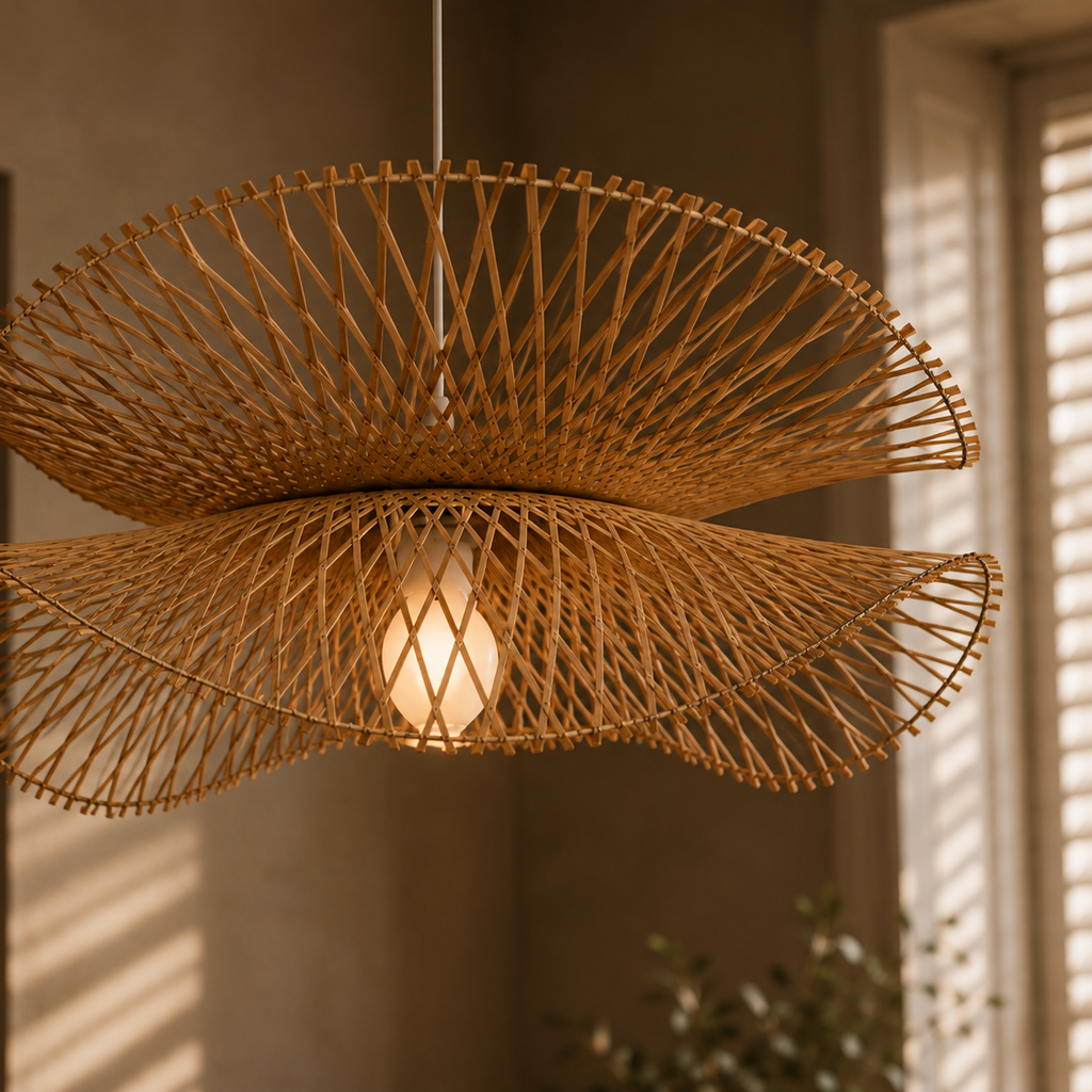 Woven bamboo and wood chandelier - close-up detail