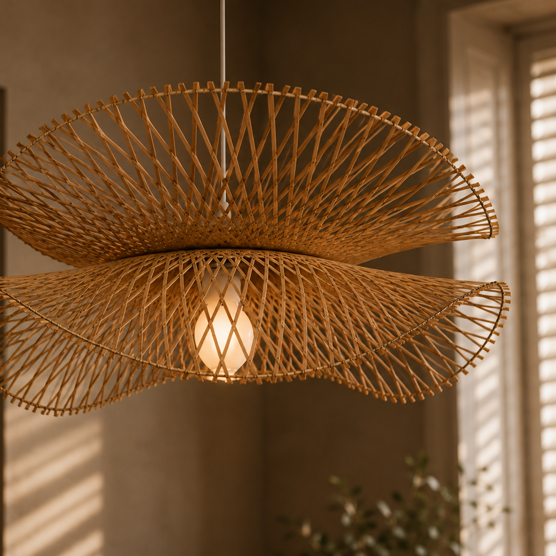 Woven bamboo and wood chandelier - close-up detail