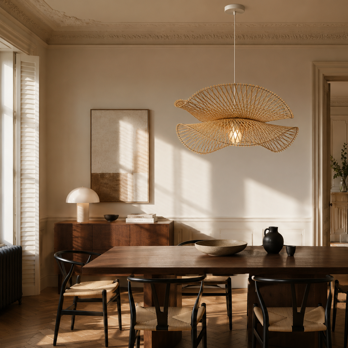 Woven bamboo and wood chandelier - dining room