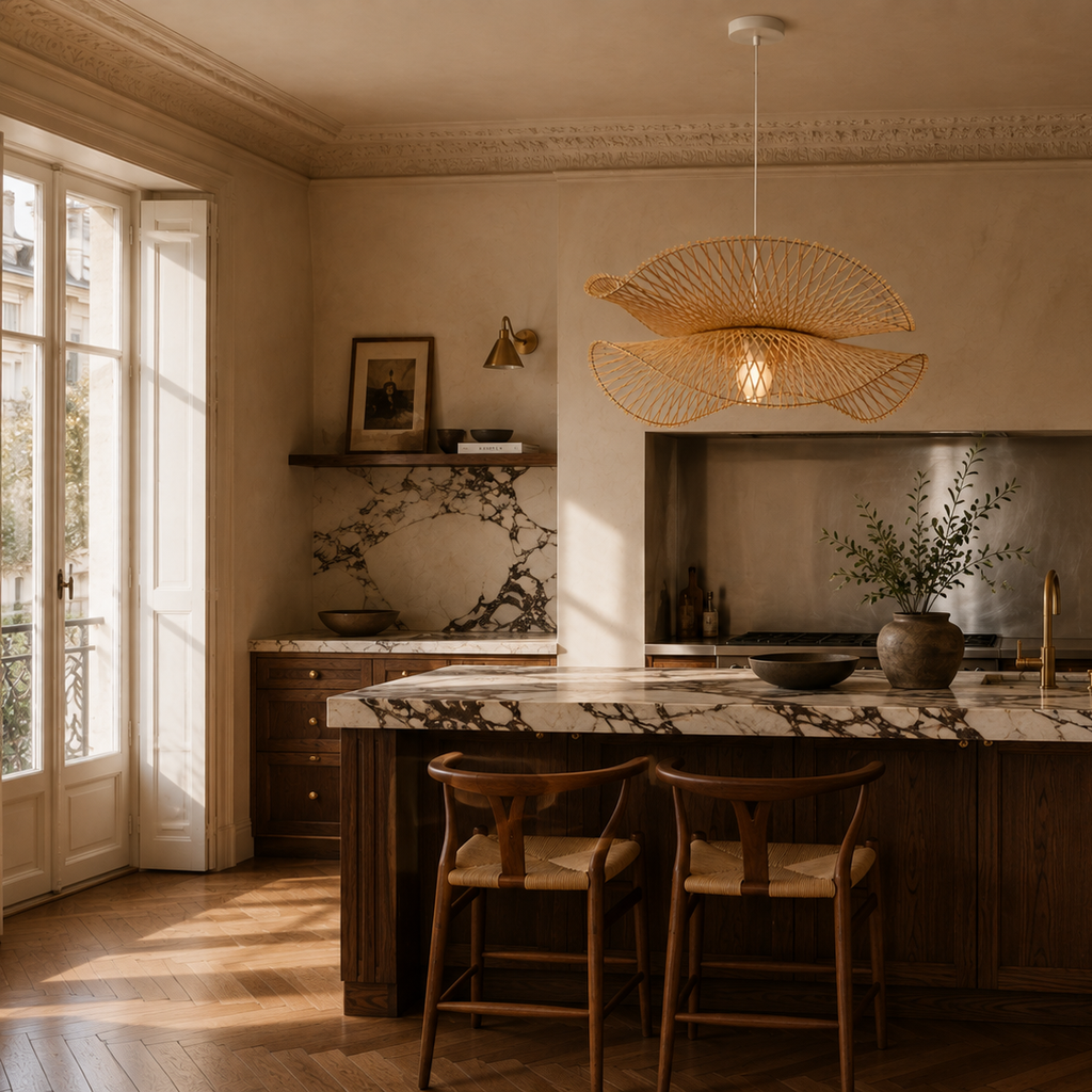 Woven bamboo and wood chandelier - kitchen