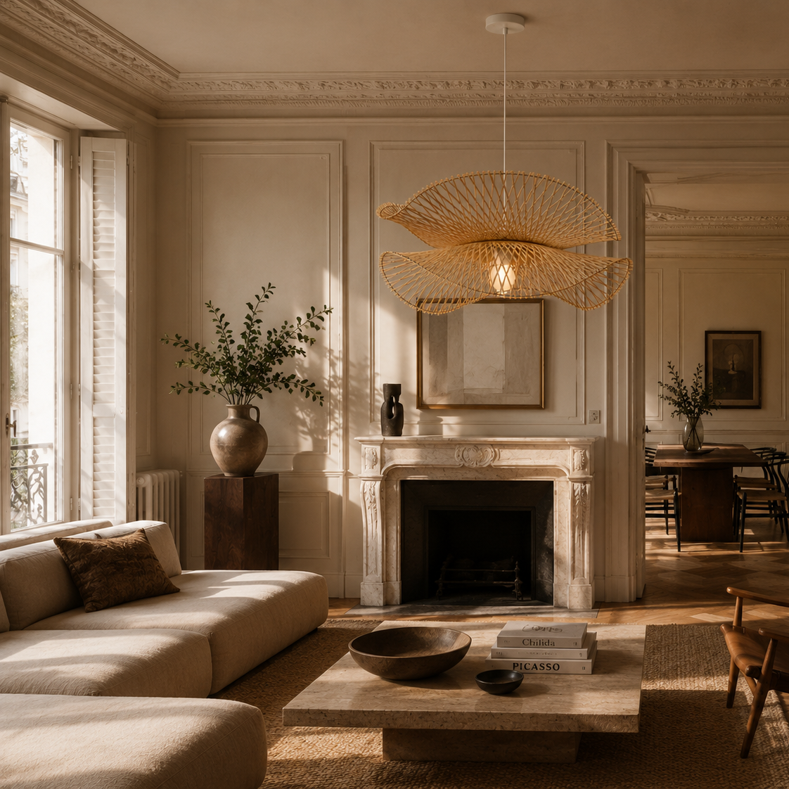 Woven bamboo and wood chandelier - living room