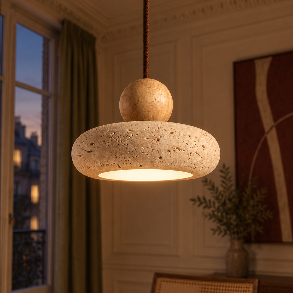 Travertine Donut Pendant Light | Natural Stone 15cm, Walnut or Light Wood, Wabi Sabi