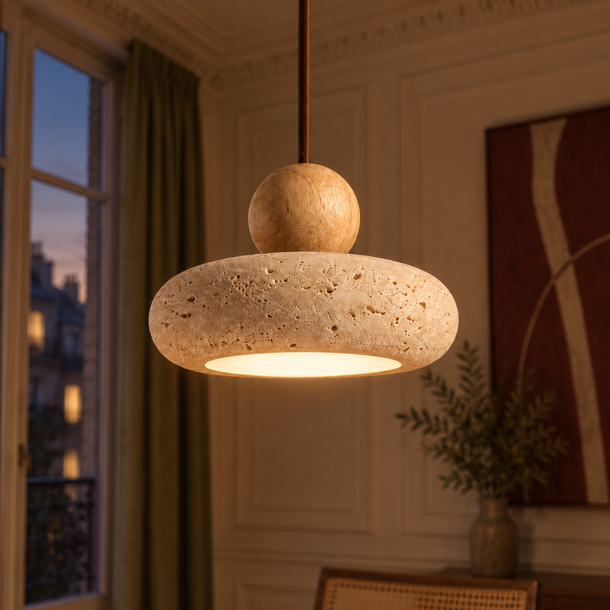 Travertine Donut Pendant Light | Natural Stone 15cm, Walnut or Light Wood, Wabi Sabi
