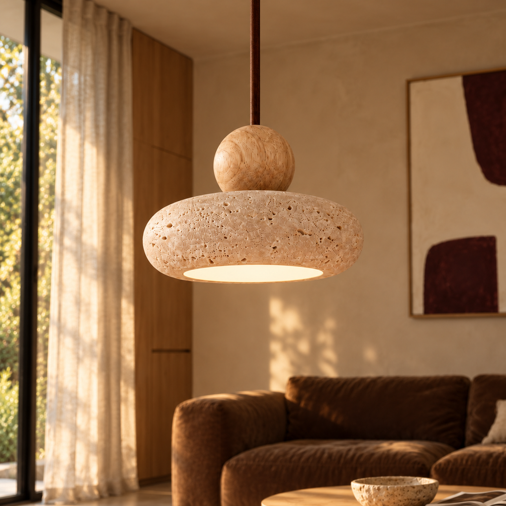 Travertine Donut Pendant Light | Natural Stone 15cm, Walnut or Light Wood, Wabi Sabi
